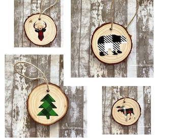 Woodland Animals Wood Slice Christmas Tree Ornaments, Farmhouse Christmas Ornaments, Rustic Natural Wood Slice Christmas Ornaments