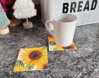 Set of 2 Sunflower Mug Rug Drink Coasters, Sunflower Home Decor, Sunflower Gifts, Housewarming Gift, Reversible Coasters