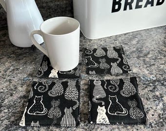 Cats Mug Rug Drink Coaster Set, Drink Coasters, Set of 4 Cat Coasters, Reversible Drink Coasters, Gift for Cat Lovers, Cat Home Decor