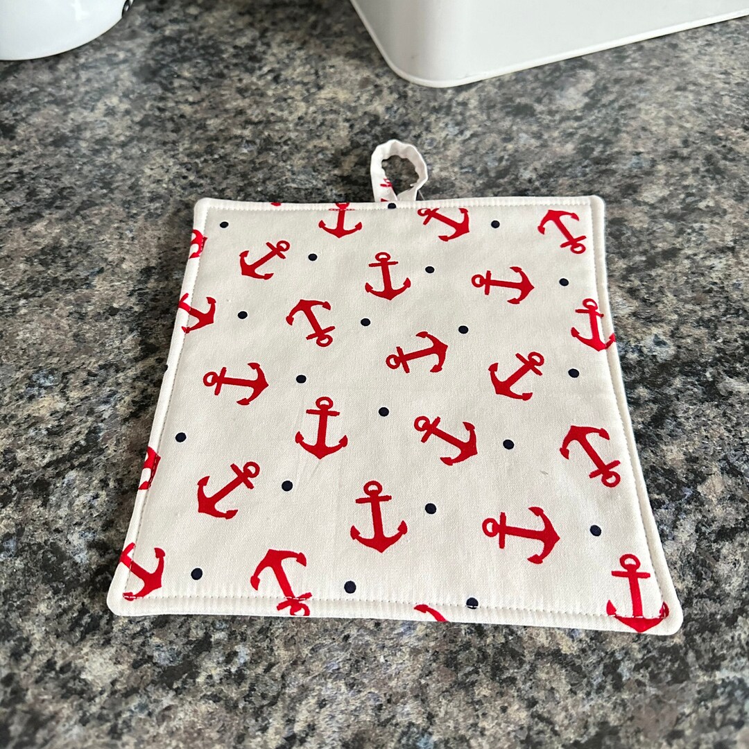 Red, White and Blue Anchor Pattern Potholders, Hot Pad, Nautical Potholders, Anchor Kitchen