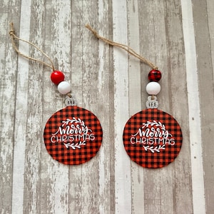 Wood Merry Christmas Buffalo Plaid Christmas Tree Ornament’s, Rustic Christmas Tree Decorations, Christmas Tree Decorations