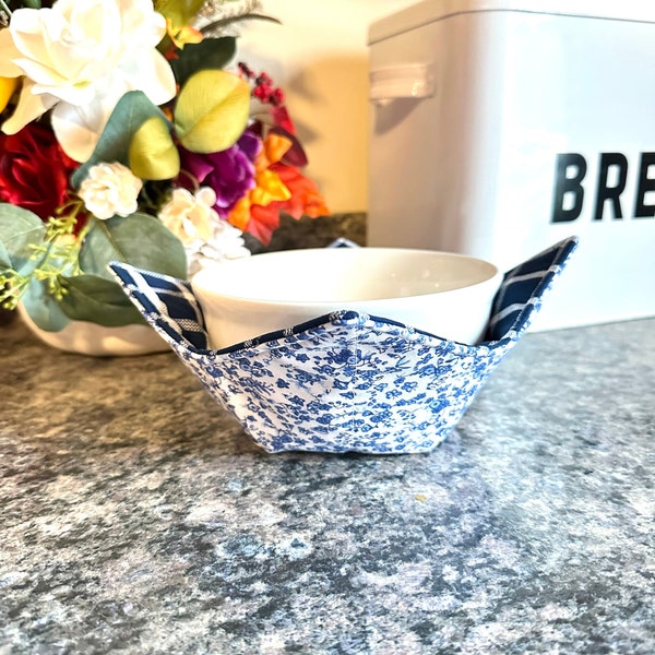 Farmhouse Blue and White Microwave Bowl Cozy, Hot Soup Bowl Cozy, Cozies for Hot Bowls, Hot Pad, Soup Bowl Holder, Farmhouse Kitchen Decor