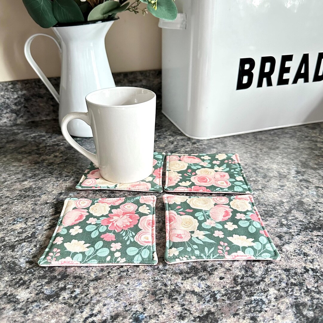 Set of 4 Floral Mug Rug Drink Coasters, Floral Coasters, Mug Rug Set ...