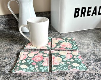Set of 4 Floral Mug Rug Drink Coasters, Floral Coasters, Mug Rug Set, Reversible Coasters