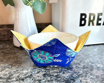 Blue and Yellow Floral Microwave Safe Bowl Cozy, Soup Bowl Cozy, Cozies for Hot Bowls, Gift for New Home