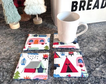 Camping Mug Rug Drink Coasters, Coasters for Hot Mugs or Cold Drinks, Camping Decor, Coasters Set