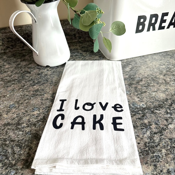 I Love Cake Decorative Flour Sack Cotton Towel, Decorative Kitchen Towel, Kitchen Decor, Farmhouse Cotton Towel