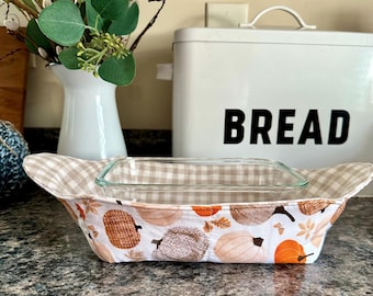Fall Pumpkins and Plaid Baking Dish Cozy, Microwave Safe Casserole Dish Cozy, Loaf Pan Cozy