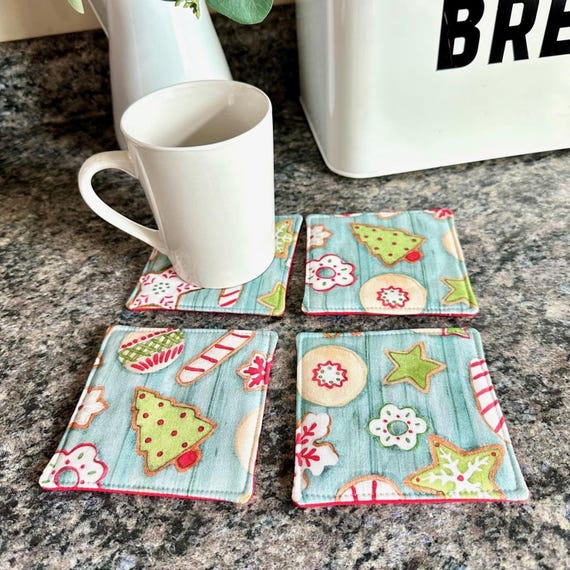 Set of 4 Christmas Cookie Mug Rug Drink Coasters, Drink Coasters, Christmas Mug Rug Set, Reversible Coasters, Christmas Decor