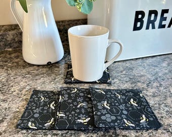 Set of 4 Bee Drink Coasters, Mug Coasters, Bee Mug Rugs, Reversible Drink Coasters, Bee Home Decor, Bee Gifts