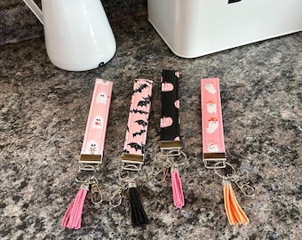 Pink and Black Halloween Wristlet Key Fob Keychain, Halloween Wristlets, Key Fob Keychain for Keys and Key Cards, Gift for Nurse or Teachers