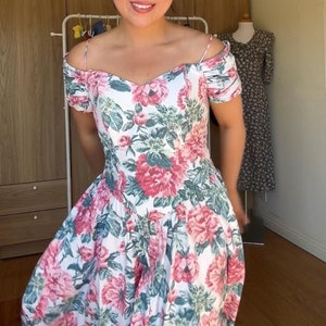 1980s Karin Stevens off shoulder tea length dress / cottagecore / small