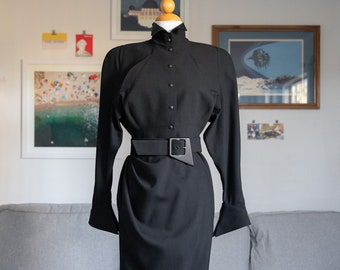 FW 1988 Archive Thierry Mugler 'Les Infernales' Runway Pointed Collar Femme Fatale Dress