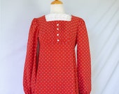1970s Red Prairie Calico Print Midi Dress