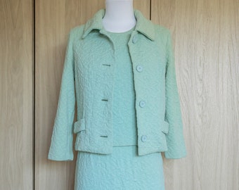 1960s Union Made Made Jacquard Kimberly Wool Knitwear Skirt Suit, Three Piece Set // Mint Pistachio