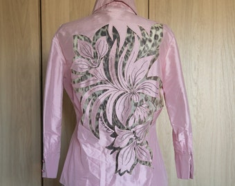 Y2K Roberto Cavalli Silk Pink Blouse, Semi Sheet Floral Animal Print Back Design