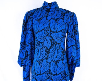 1970s - 1980s blue and black high-neck bishop sleeve dress / small to medium