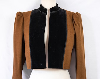 1970s Yves Saint Laurent Russian Collection wool crop jacket / brown & black /mutton sleeves / bolero / small