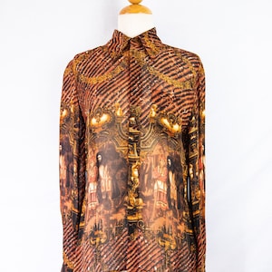 1998-1999 Jean Paul Gaultier Femme painting print / semi sheer button up / rayon / medium