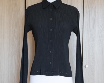 1990s Issey Miyake Plissé Black Button Down Blouse with Cutout Details