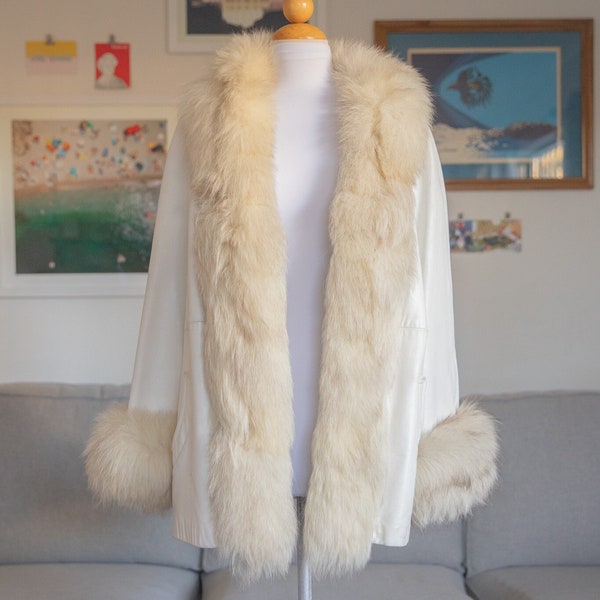 1960s White Leather Fur Trim Leather Coat w/ Fox Fur Trim