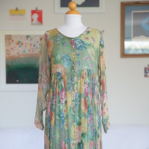 1990s Silk Watercolor Floral Print Dress