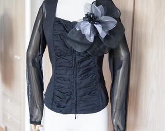 Y2K Anne Fontaine Black Zip Up Ruched Long Sleeve with Oversized Flower Brooch