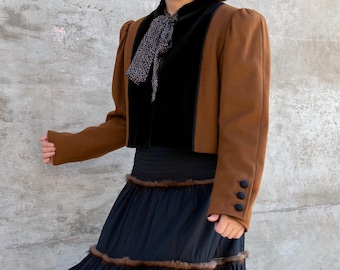 Fall 1982 Runway Documented Yves Saint Laurent wool crop jacket / brown & black /mutton sleeves / bolero / small