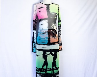 1990s - Y2K Jean Paul Gaultier Soleil neon mesh surf print top and skirt set / archival / extra small - small