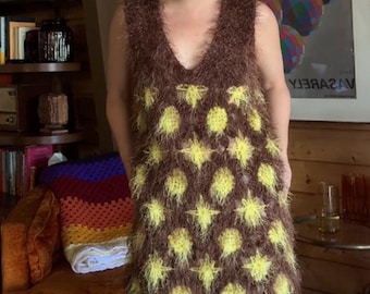 1960s fuzzy shaggy crochet dress; lightweight and silky on the skin / craftcore / small