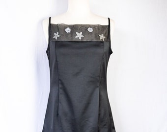 1990s JR. Nites black spaghetti strap cocktail dress w/ flowers & rhinestone