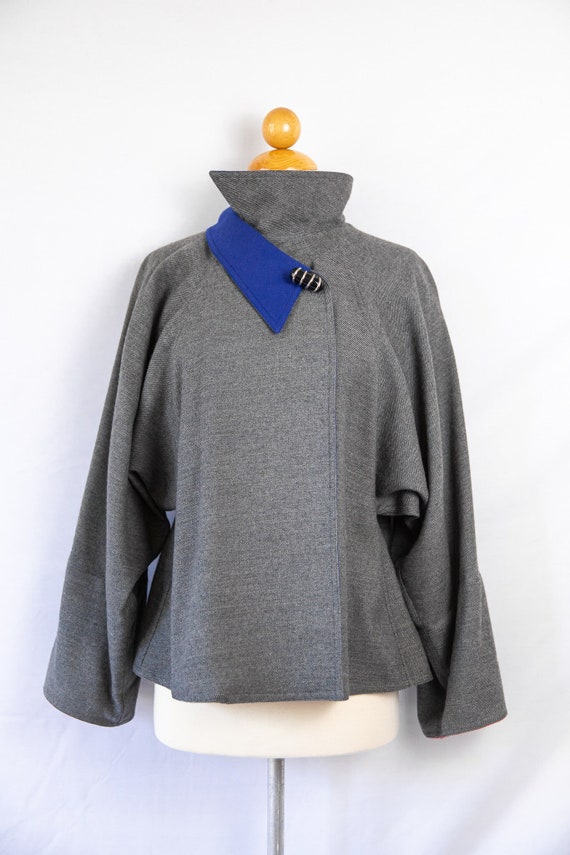 1980s Chloé grey & blue swing coat with asymmetri… - image 2