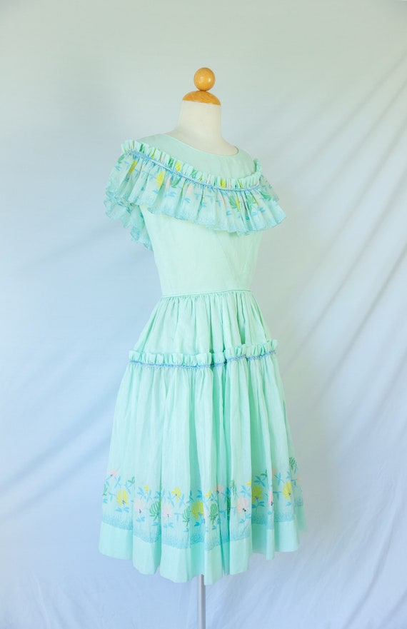 Pastel Green Flounce Dress with Floral Trim and R… - image 7