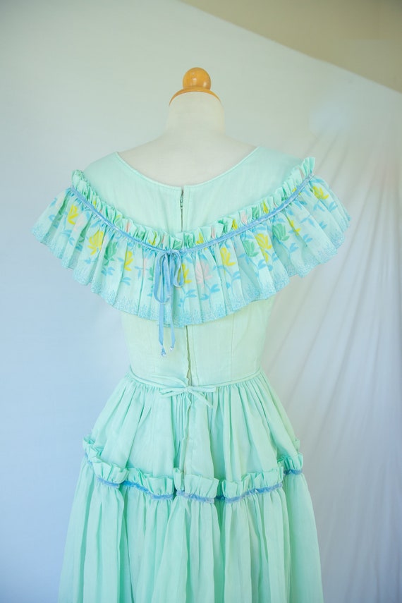 Pastel Green Flounce Dress with Floral Trim and R… - image 6