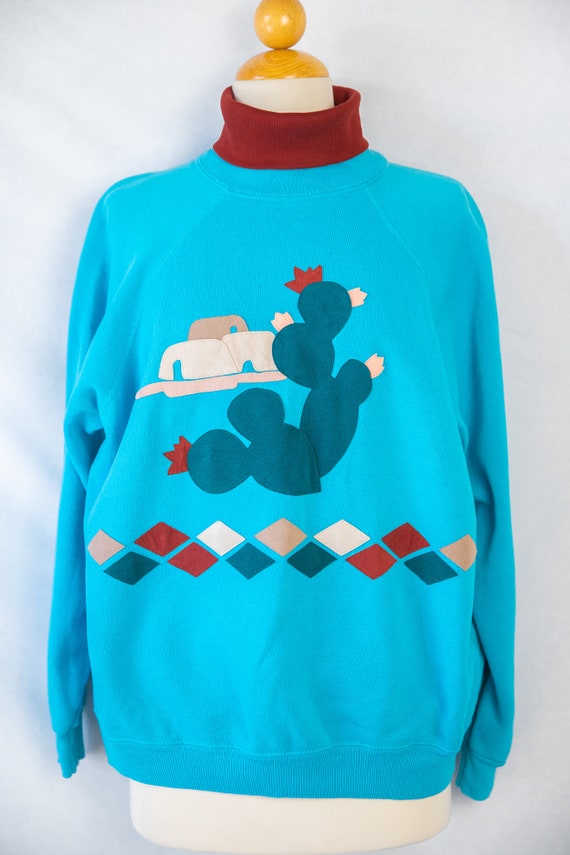 1980s Turquoise Southwest Turtleneck Sweatshirt /… - image 2