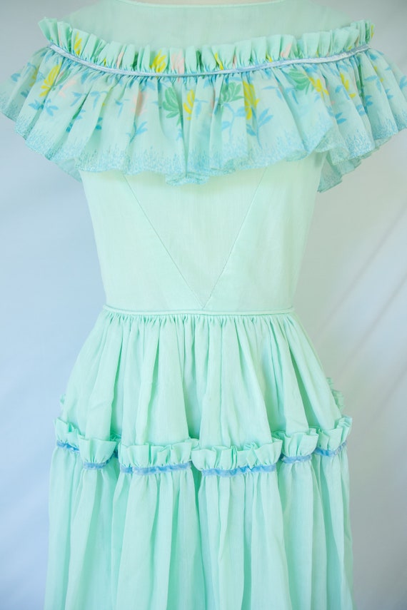 Pastel Green Flounce Dress with Floral Trim and R… - image 8