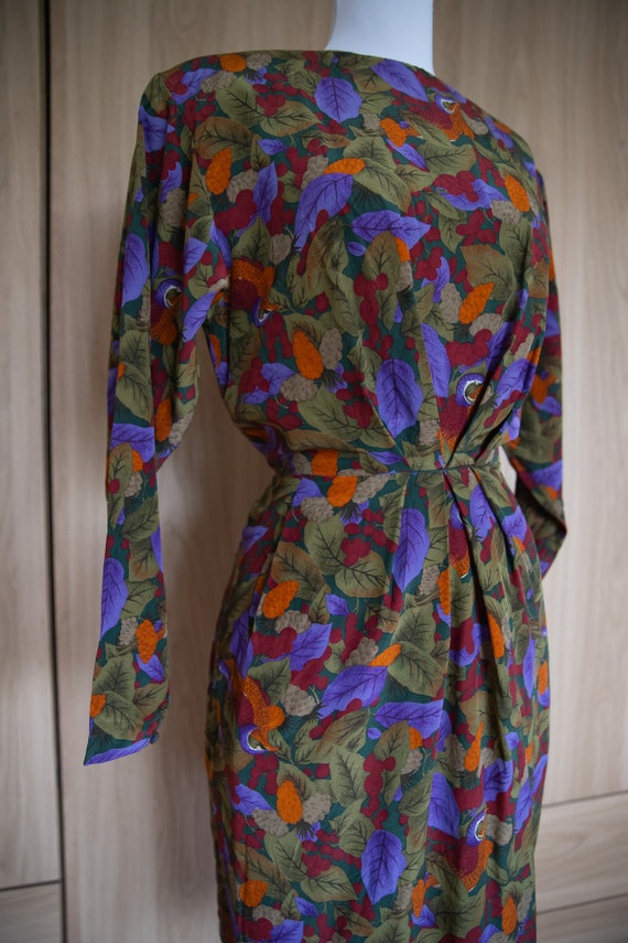 1980s Bird Print Dress / Tulip Skirt / Silk - image 3