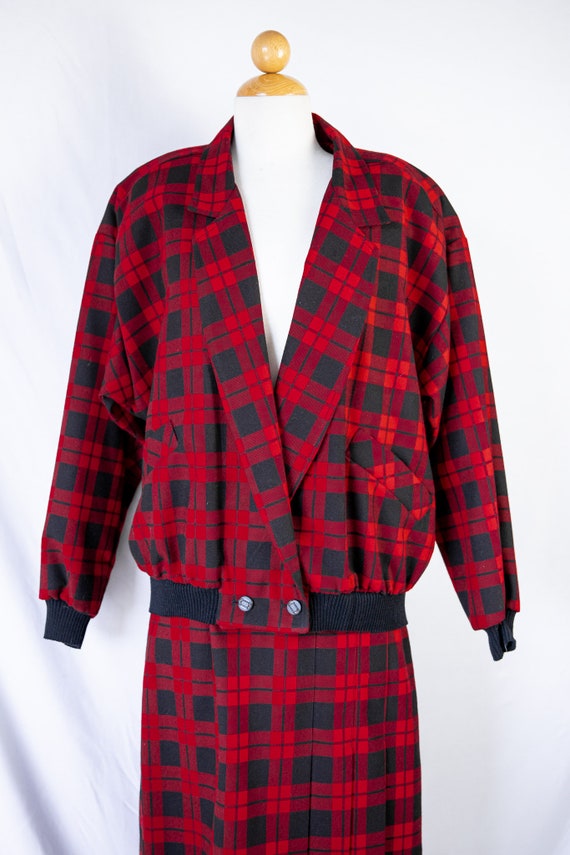 1980s Red & Black Plaid Bomber and Skirt Set / sm… - image 10