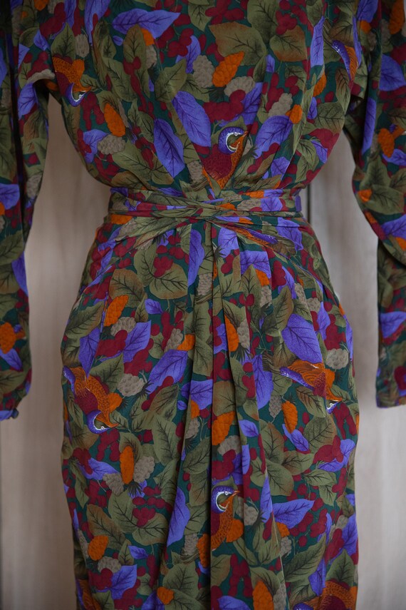 1980s Bird Print Dress / Tulip Skirt / Silk - image 6