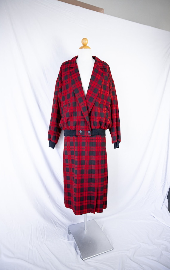 1980s Red & Black Plaid Bomber and Skirt Set / sm… - image 1