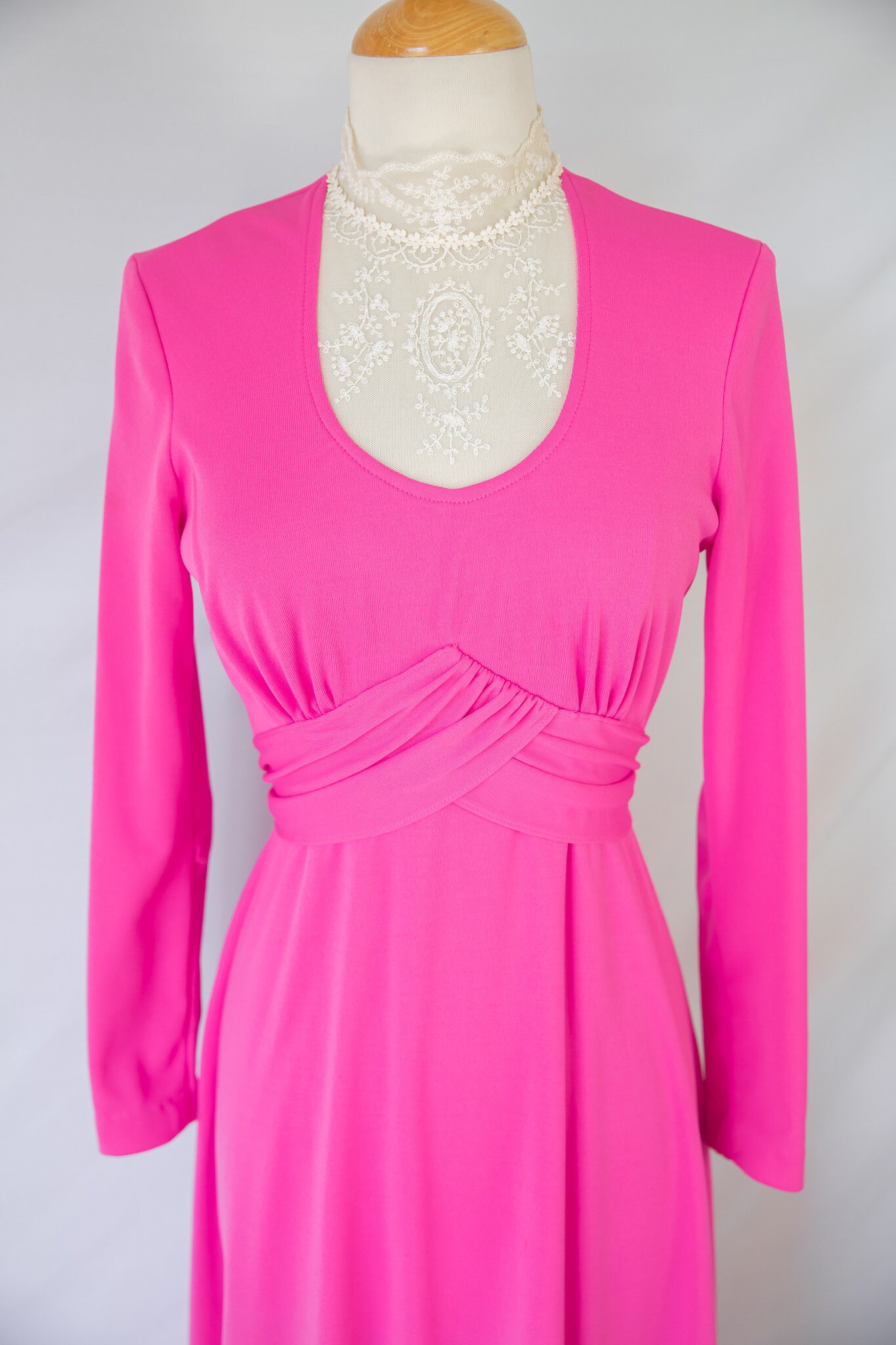 Pink Regency 1970s Hot Pink Regency Dress With Lace Bib / Edwardian / Victorian - Etsy