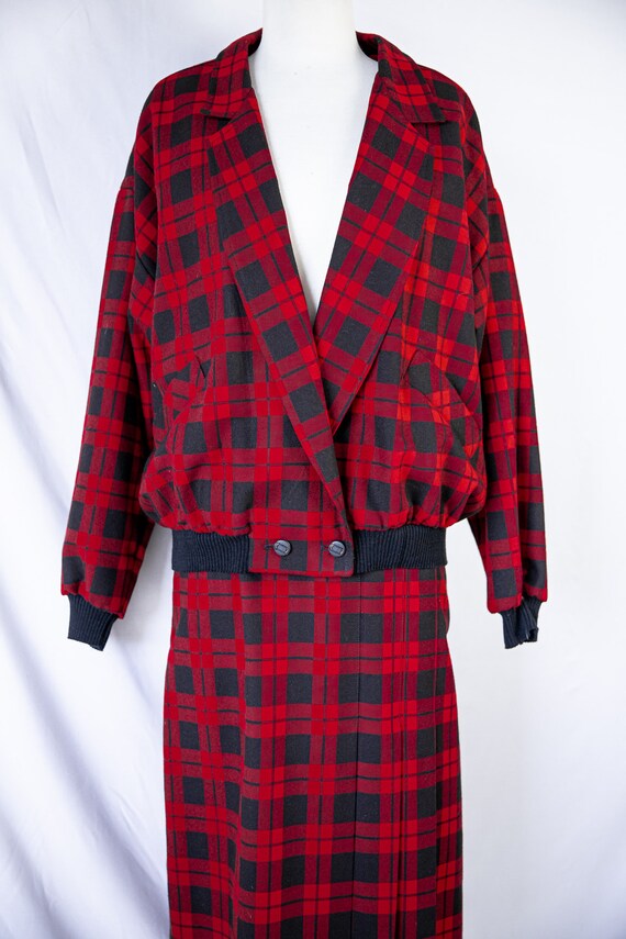 1980s Red & Black Plaid Bomber and Skirt Set / sm… - image 4