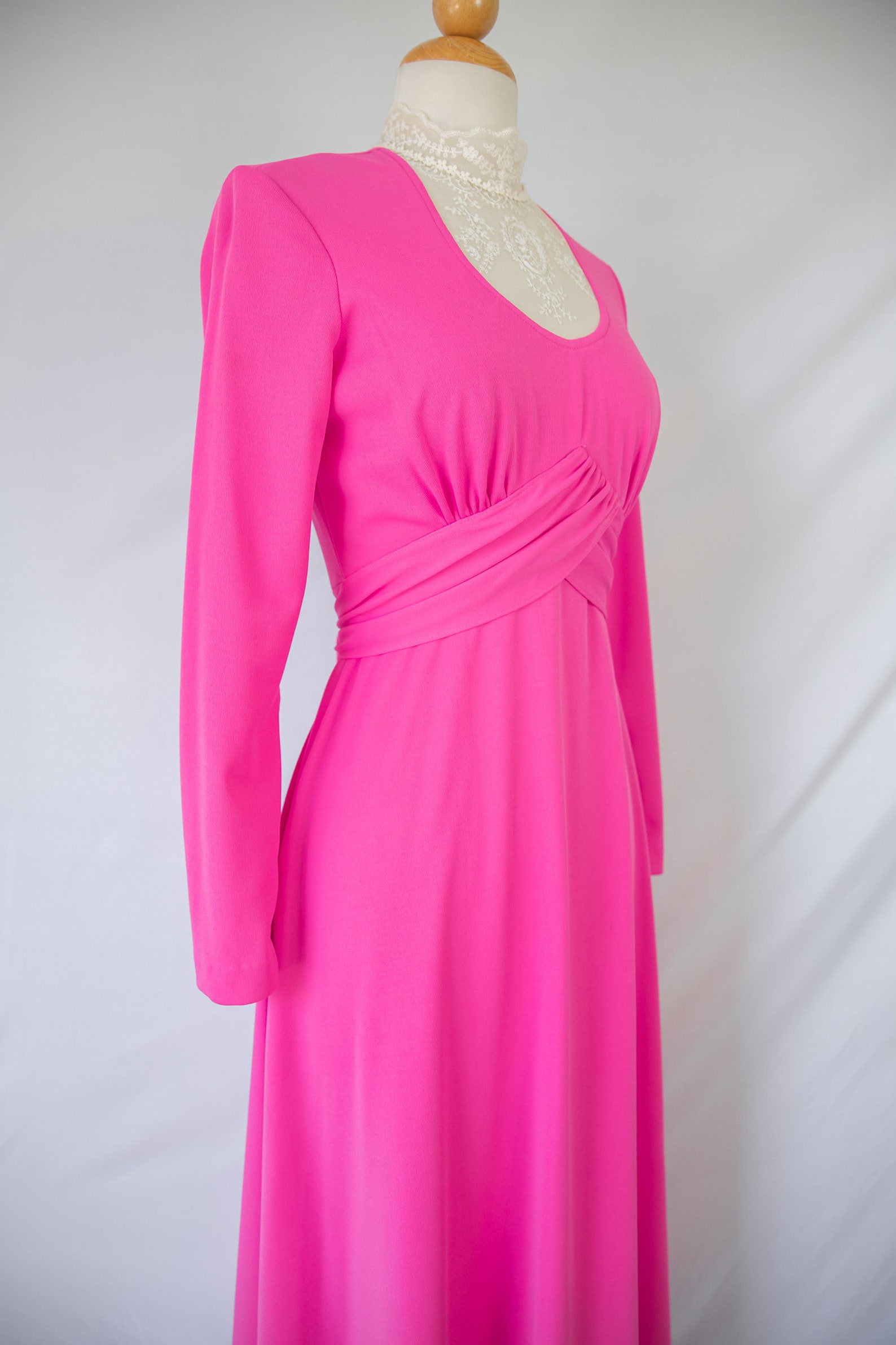 Pink Regency 1970s Hot Pink Regency Dress With Lace Bib / Edwardian / Victorian - Etsy