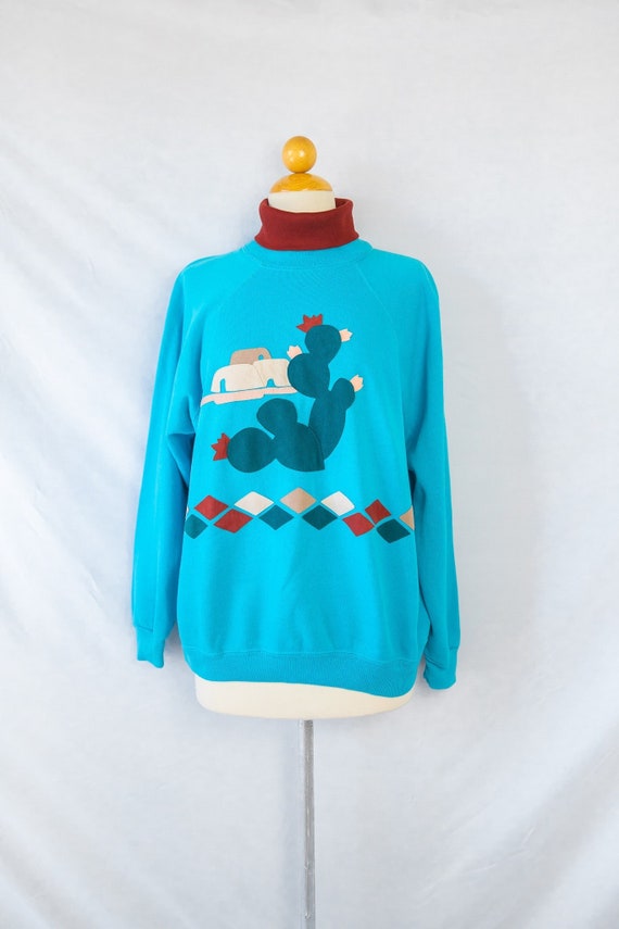 1980s Turquoise Southwest Turtleneck Sweatshirt /… - image 1