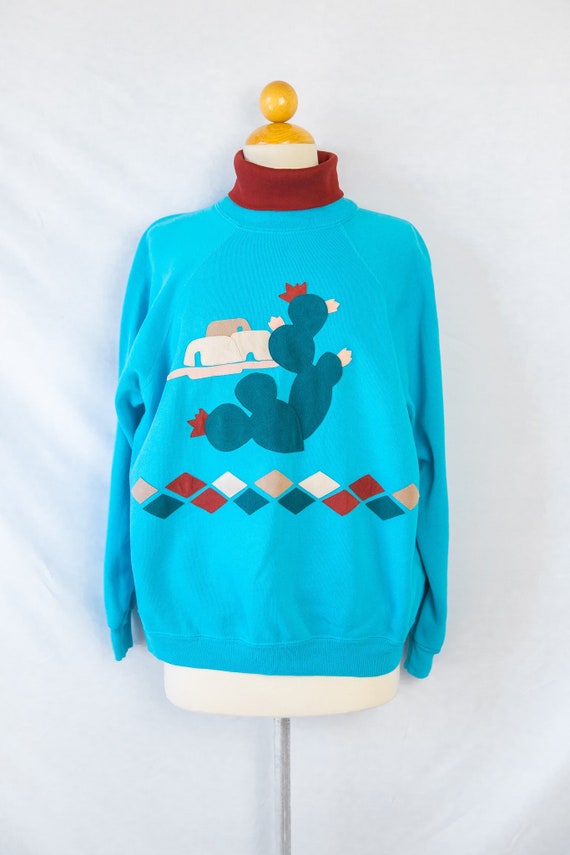 1980s Turquoise Southwest Turtleneck Sweatshirt /… - image 7