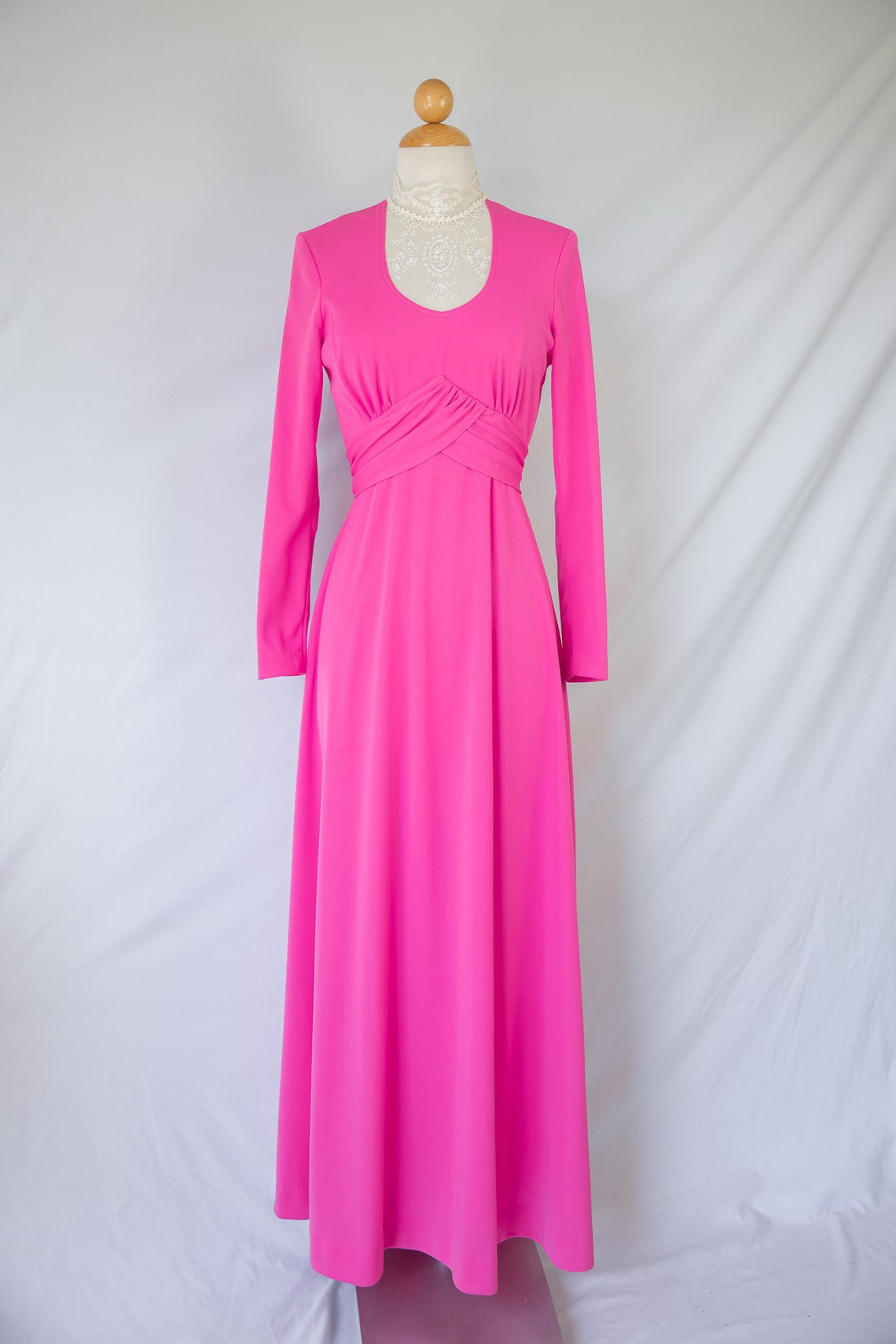 Pink Regency 1970s Hot Pink Regency Dress With Lace Bib / Edwardian / Victorian - Etsy