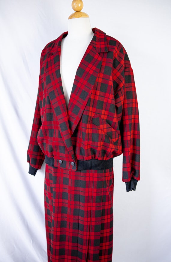 1980s Red & Black Plaid Bomber and Skirt Set / sm… - image 3