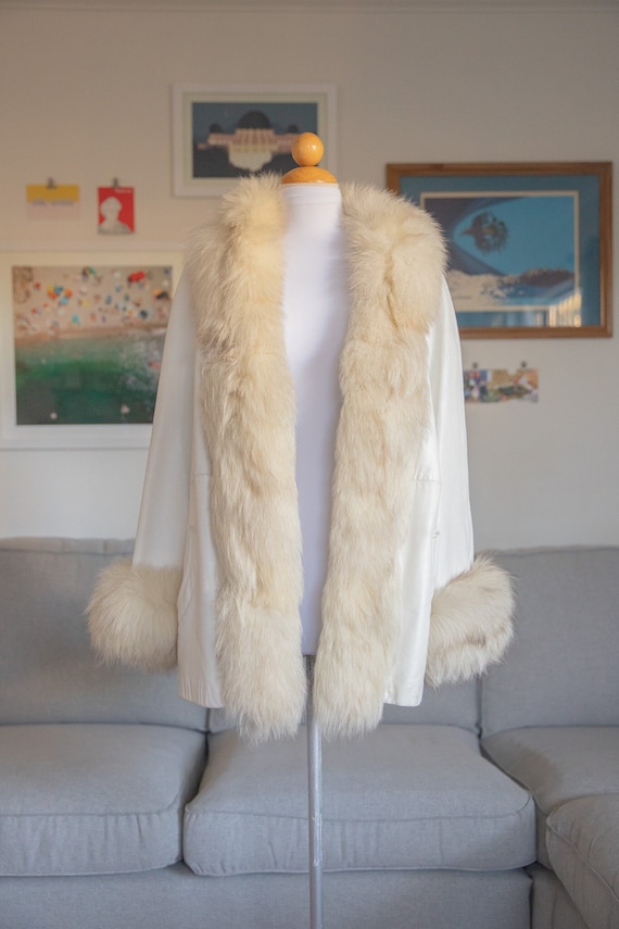 1960s White Leather Fur Trim Leather Coat w/ Fox F