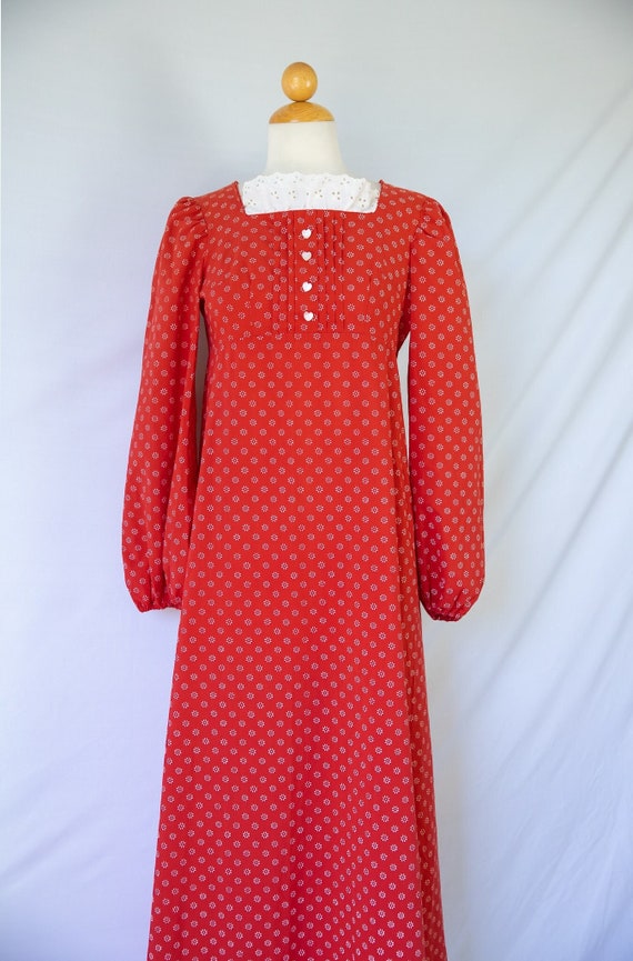 1970s Red Prairie Calico Print Midi Dress