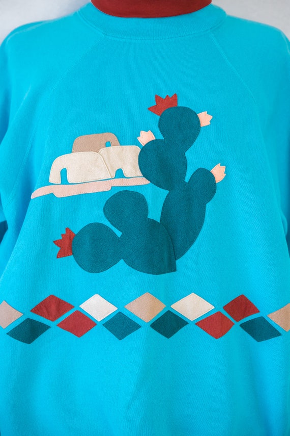 1980s Turquoise Southwest Turtleneck Sweatshirt /… - image 4